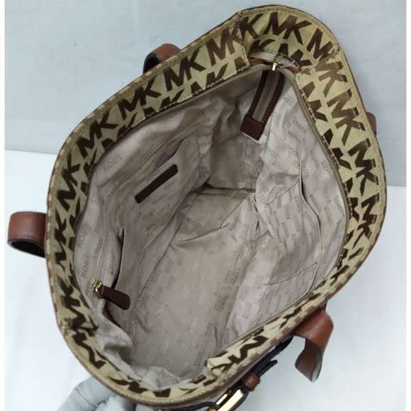 Michael Kors Brown Canvas Leather Trim MK Printed Double Handle Zipper Tote Bag - Picture 11 of 16